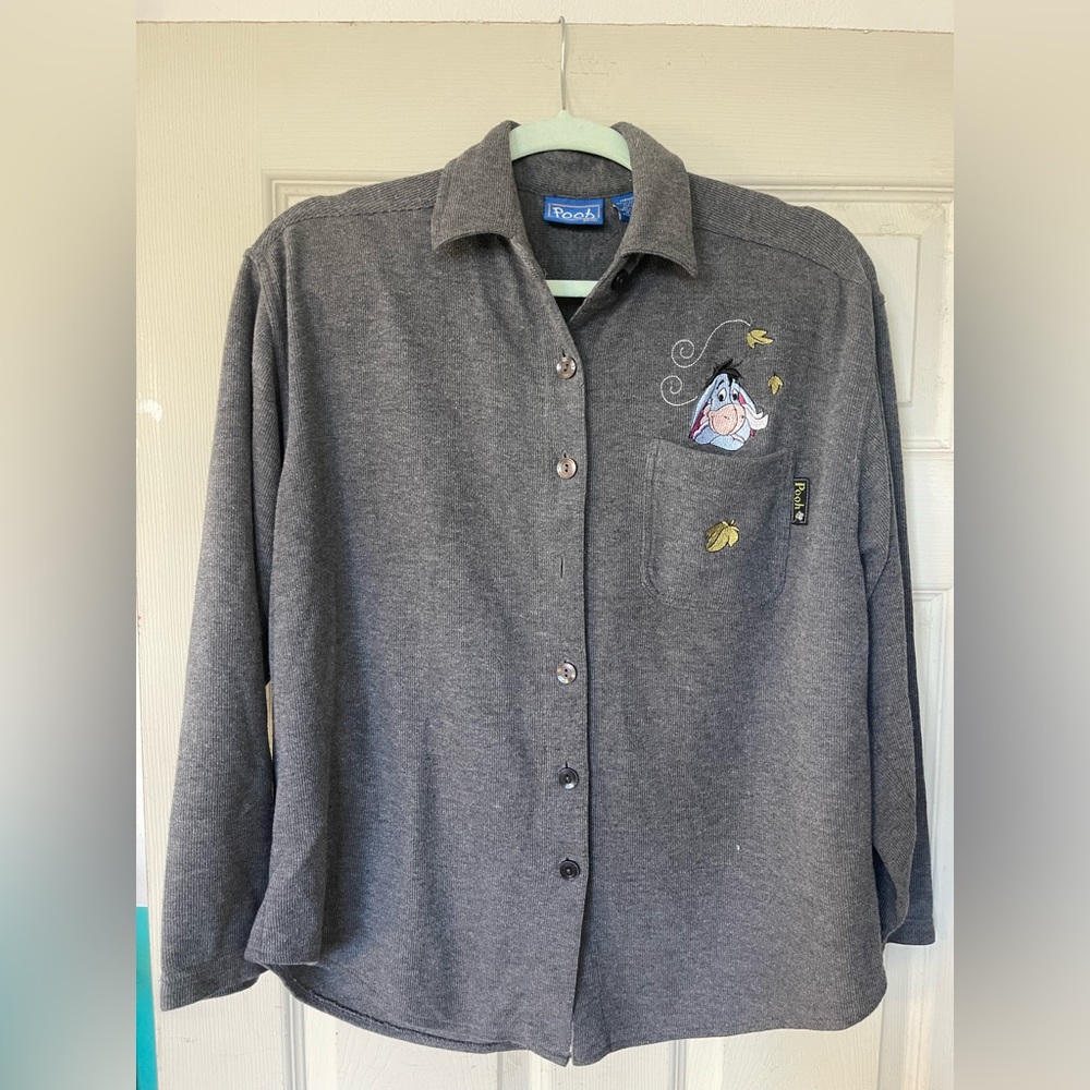 Pooh Eeyore Embroidered Button-Up Shirt — Gray
